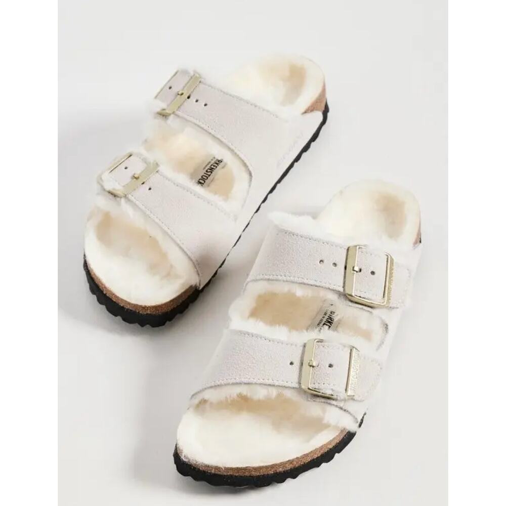 BIRKENSTOCK Arizona Shearling Slides | Antique Whites | Size 37